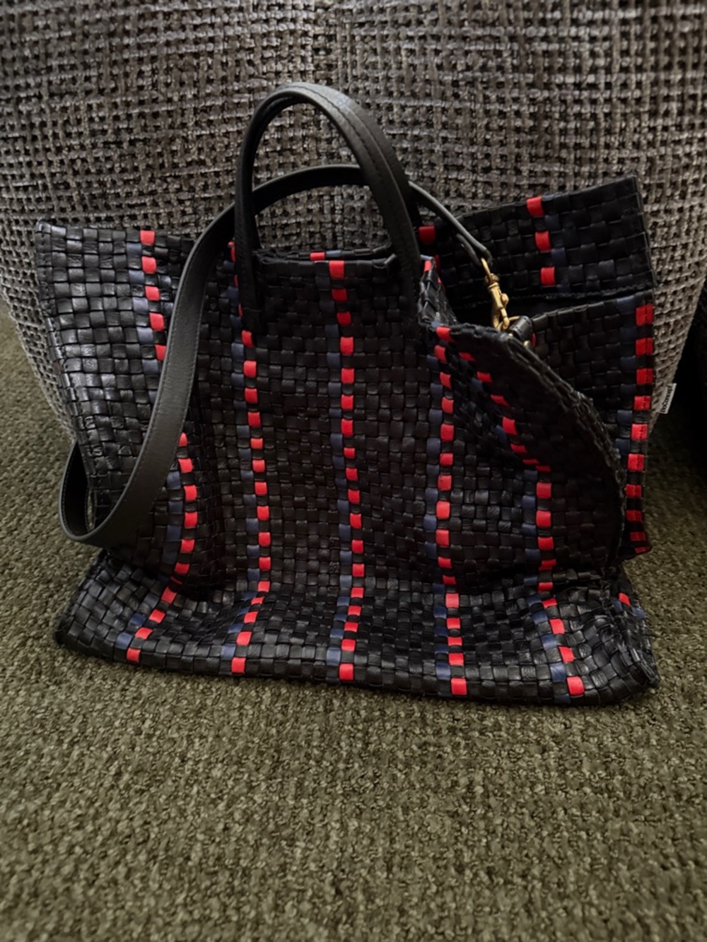 Clare V Black Woven Tote with Red Stripe Accents - Picture 2 of 3